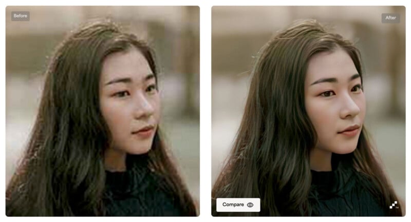 Side-by-side comparison of an image showing a young woman. The left image is labeled "Before," and the right "After," with the "After" image appearing smoother and slightly edited with enhanced lighting. She has long dark hair and is wearing a dark top.