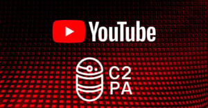 YouTube logo with a red play button next to the word "YouTube" on a dark background featuring red squares. Below, there is the C2PA logo, which includes an abstract robot design and the text "C2PA.