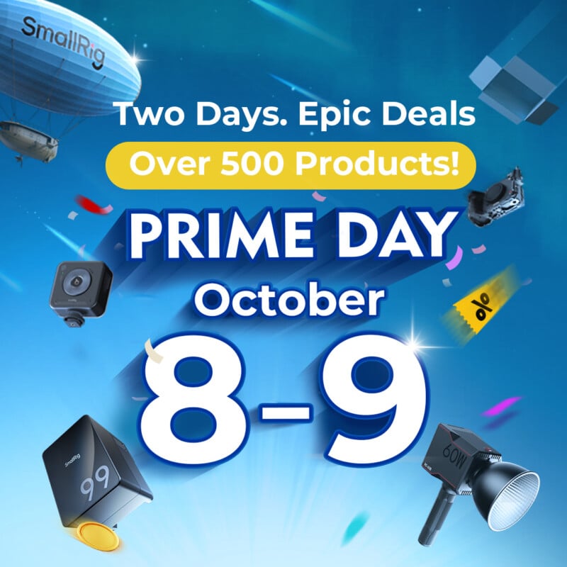 Promotional image for Prime Day on October 8-9, featuring text "Two Days. Epic Deals. Over 500 Products!" with SmallRig branding, flying gadgets, and a percentage sign.