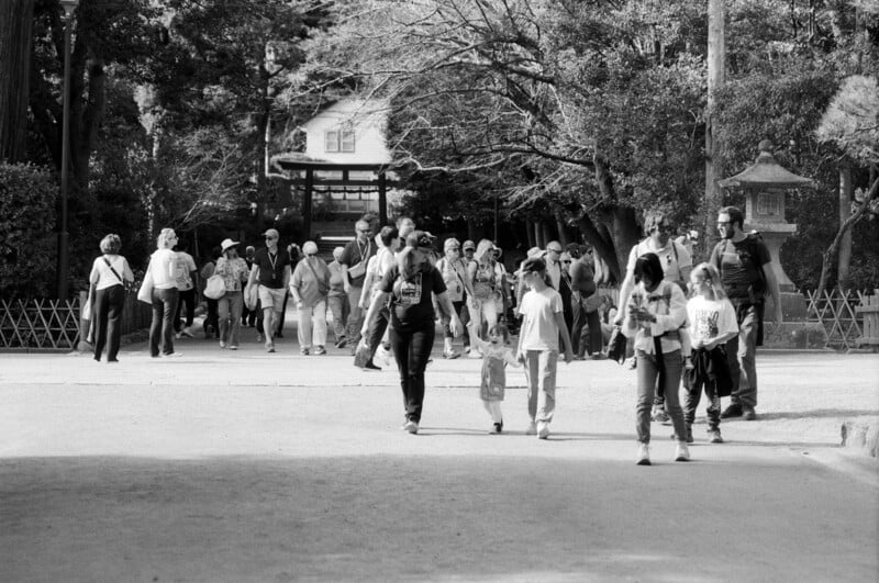 Photo en noir et blanc d’une scène de parc animée avec un groupe de personnes marchant le long d’un sentier. Certains portent des sacs ou se tiennent la main. Des arbres et un petit bâtiment sont visibles en arrière-plan, ajoutant de la profondeur à l'atmosphère animée.