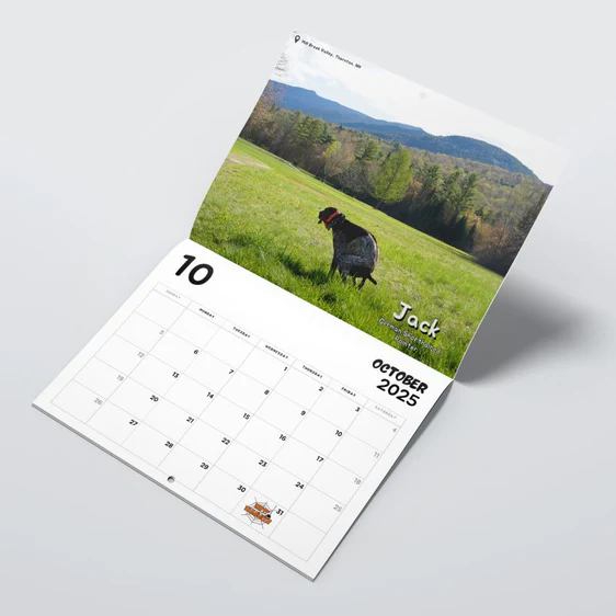 Open calendar displaying October 2025. Top page features a colorful photo of a turkey named Jack standing in a grassy field with mountains in the background.