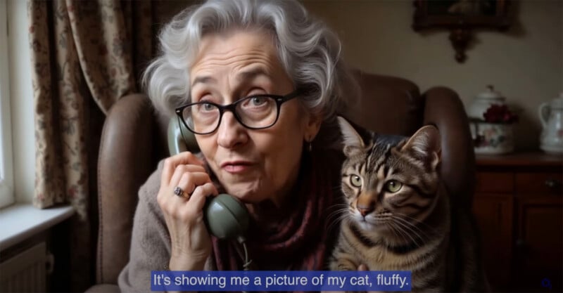 An elderly woman with gray hair and glasses holds a phone to her ear while sitting indoors. A tabby cat sits on her lap, and the caption at the bottom reads, "It's showing me a picture of my cat, fluffy.