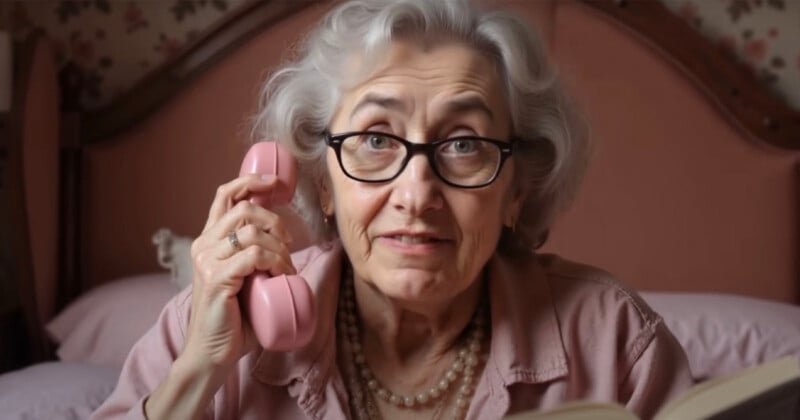 An elderly woman with gray hair and glasses holds a pink telephone to her ear while sitting on a bed. She wears a pink blouse and a pearl necklace, and appears to be in a bedroom setting with a floral wallpaper in the background.