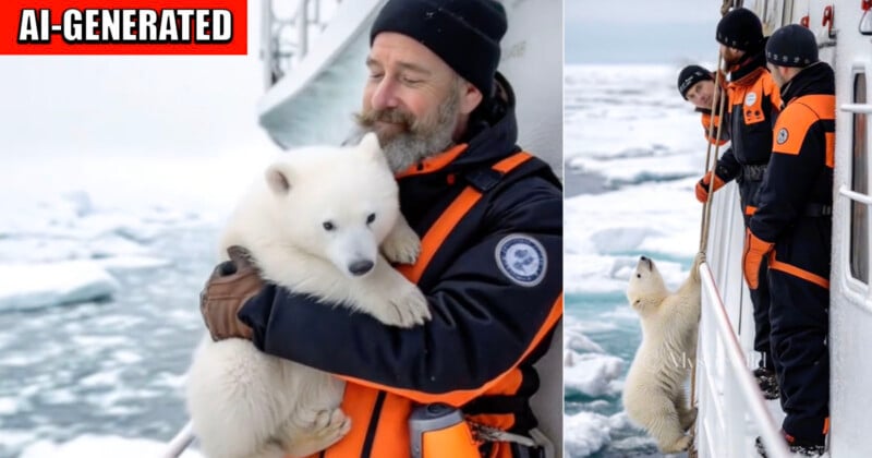 A man in an orange and black snowsuit holds a polar bear cub on a snowy deck. Nearby, two people in similar outfits lean over a ship railing, observing a polar bear below. The scene is set against an icy, ocean backdrop.