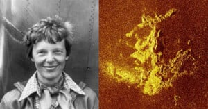 On the left, a black and white photo of a smiling person in a flight jacket. On the right, a grainy, sepia-toned image showing a textured, abstract pattern resembling a face.