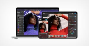 A laptop, tablet, and smartphone display photo editing software with the same image of a woman in a red turtleneck. The interfaces show various editing tools and color adjustment sliders.