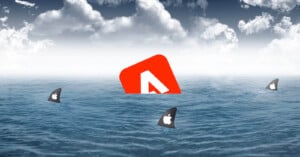 An abstract image depicting a red and white letter "A" logo partially submerged in the ocean, surrounded by several shark fins with Apple logos. The sky is cloudy, creating a dramatic atmosphere.