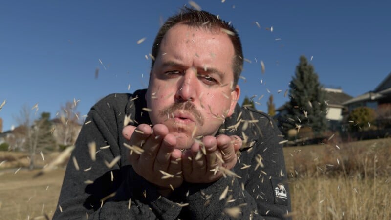 A person blows seeds or small particles from their hands. You are outside, with a clear blue sky and trees in the background. The particles are distributed in the air and kept moving as they spread.