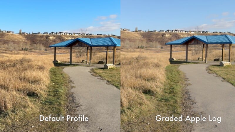 Two side-by-side images of a park path with a blue-roofed shelter, showing color grading differences. The left is labeled "Default Profile," with muted tones. The right is labeled "Graded Apple Log," featuring enhanced colors and contrast.