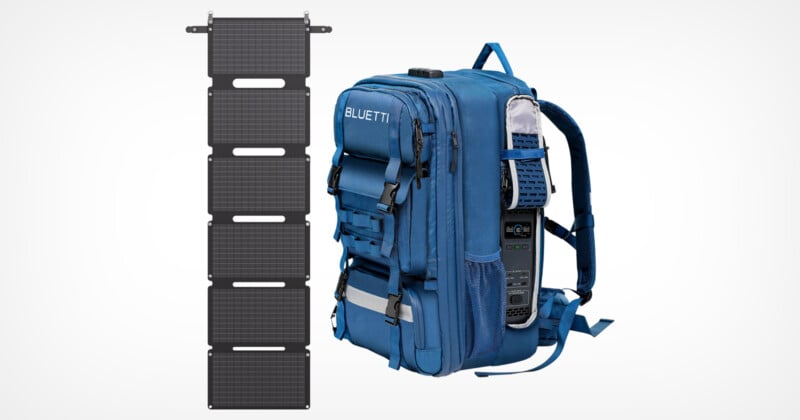 A blue backpack with multiple compartments, branded "Bluetti," is displayed beside a foldable solar panel. The panel has four segments and metal rings for attachment, indicating a portable solar power solution for travel or outdoor activities.