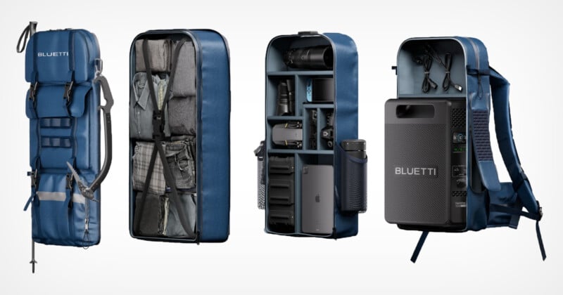 A blue modular backpack with compartments for various items such as clothing, a camera, power bank, and other electronics. It features a section housing a BLUETTI portable power station, with the backpack displayed open to show interior organization.