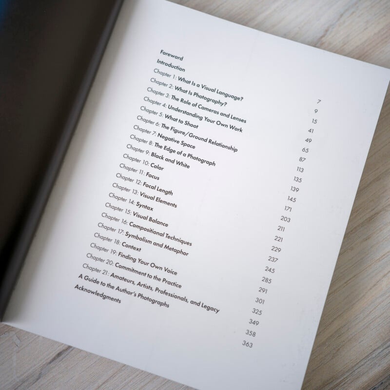 Image of a book's table of contents. Chapters include topics like "What is Photography?", "The Role of Composition", "Understanding Your Own Work", and "Finding Your Own Voice". Page numbers range from 1 to 343.