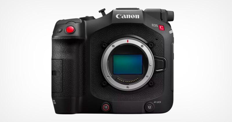 A Canon EOS camera body without a lens, featuring a robust grip, red record button, and various control dials. The sensor is visible at the center. The camera is set against a plain white background.