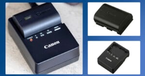 The image shows a Canon battery charger with a battery inserted, displaying charging indicators, and two additional images of a Canon battery and another charger on a blue background.