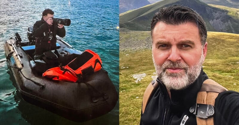 A split image: Left side shows a person in a small inflatable boat on a lake, taking a photo with a large camera. Right side shows the same person outdoors on a grassy hillside, wearing a backpack and jacket. Mountains are visible in the background.