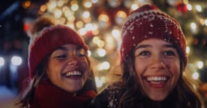 Two smiling individuals wearing red knit hats and scarves stand close together in front of a brightly lit Christmas tree. Snowflakes are gently falling around them, creating a festive and joyful atmosphere.