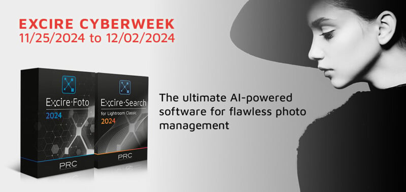 Ad for Excire Cyberweek sale featuring two software boxes, Excire-Foto 2024 and Excire-Search 2024. The text highlights AI-powered photo management, with sale dates from 11/25/2024 to 12/02/2024. A grayscale side profile of a person wearing a hat is shown.