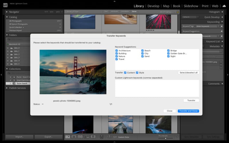 Screenshot of a digital photo management software. The image features a transfer keywords dialog with a photo of a red bridge and ocean at sunset. Keywords include Architecture, Building, City, Sunset, and Beach, with options to transfer or cancel.