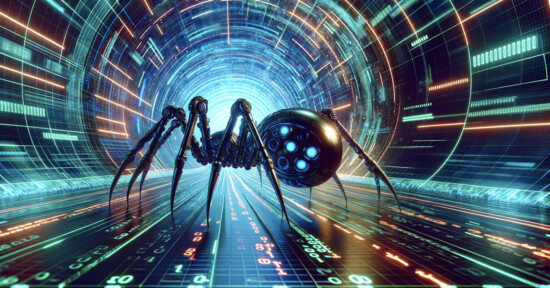 A futuristic robotic spider with glowing blue eyes walks through a digital tunnel, surrounded by streams of binary code and vivid, multicolored lights, illustrating a high-tech, cybernetic environment.