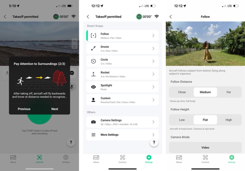 Three smartphone screens display a drone control app. The first shows a takeoff alert, the second lists smart modes like Follow and Circle, and the third shows a live camera view of a person walking along a path surrounded by greenery.