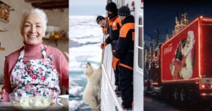 Split image: Left, an older woman in a floral apron holds a bowl in a kitchen. Center, a polar bear stands on ice, reaching towards people in orange suits on a ship. Right, a brightly lit truck with Christmas decorations and Santa Claus travels at night.