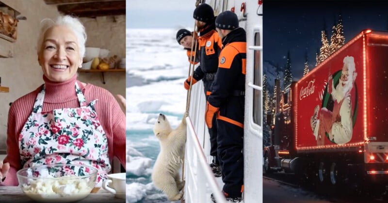  Left, an older woman in a floral apron holds a bowl in a kitchen. Center, a polar bear stands on ice, reaching towards people in orange suits on a ship. Right, a brightly lit truck with Christmas decorations and Santa Claus travels at night.