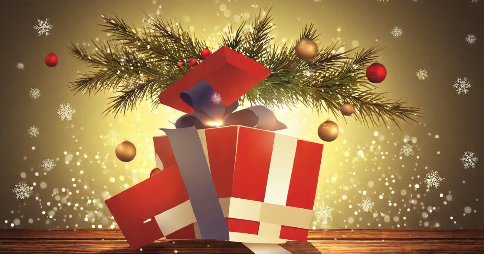 A red and white gift box with a purple ribbon is open on a wooden surface. Pine branches and colorful ornaments emerge from the box. Snowflakes and a warm glow create a festive atmosphere in the background.