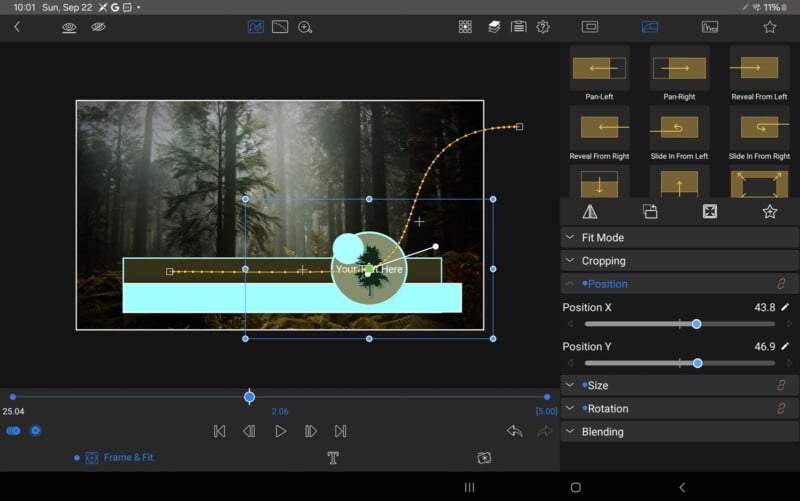 A digital editing interface showing a forest image, layered with various graphic elements including a circle and text box. The interface displays tools and options for cropping, positioning, and animation effects.