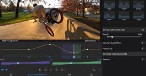 A person performs a BMX trick at a skate park during sunset. The image features editing software with speed and reverse settings, displaying graphs and options for video adjustments on the right side.