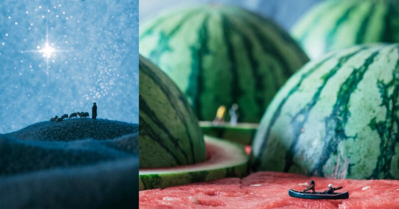 Two contrasting scenes: On the left, a silhouette of a person and animals gazing at a starry sky. On the right, miniature figures rowing next to giant watermelon slices, depicting a whimsical landscape.