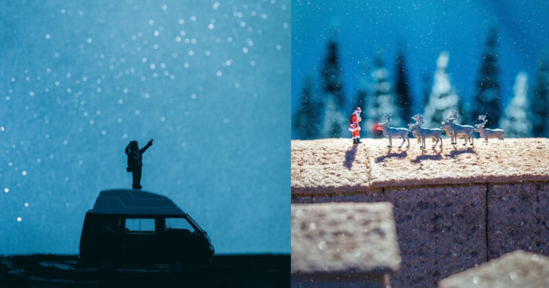 A split image shows a toy astronaut standing on a van against a starry sky on the left, and a miniature Santa Claus with reindeer on a rooftop on the right. The backgrounds are blurry, creating a dreamy effect.