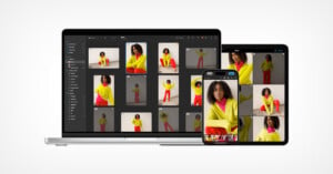 A laptop, tablet, and smartphone display a photo editing application featuring a woman in a yellow sweater and red pants. The devices showcase multiple images of her in various poses on a white background.