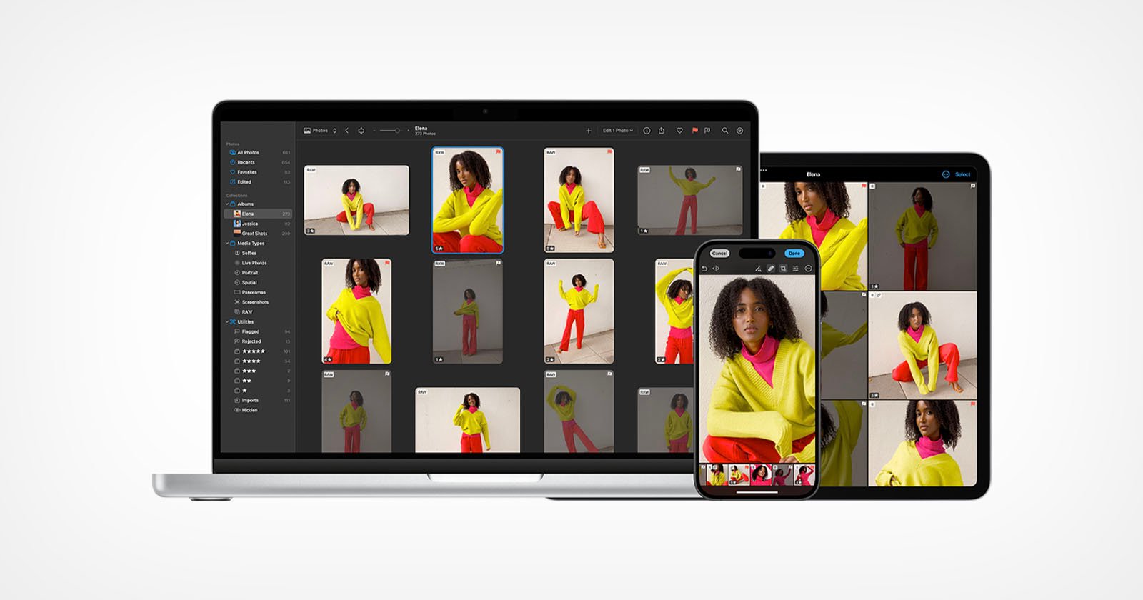 A laptop, tablet, and smartphone display a photo editing application featuring a woman in a yellow sweater and red pants. The devices showcase multiple images of her in various poses on a white background.