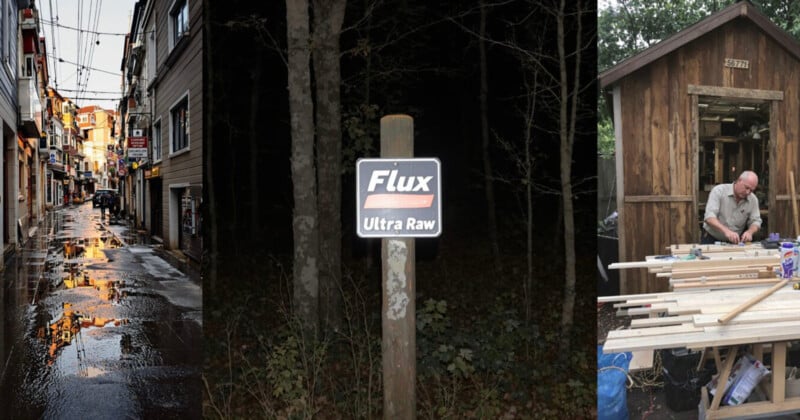  a rainy street with reflections, a wooded area with a "Flux Ultra Raw" sign, and a man working with wood outside a rustic workshop.