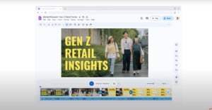 A video editing software interface showing a video titled "Gen Z Retail Insights." The screen displays three young adults walking, with editing tools and a timeline visible below the video preview.