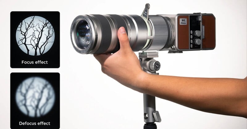 A hand holds a camera with a large telephoto lens mounted on a tripod. To the left, two images show focus effects: one sharply detailed and the other blurred.