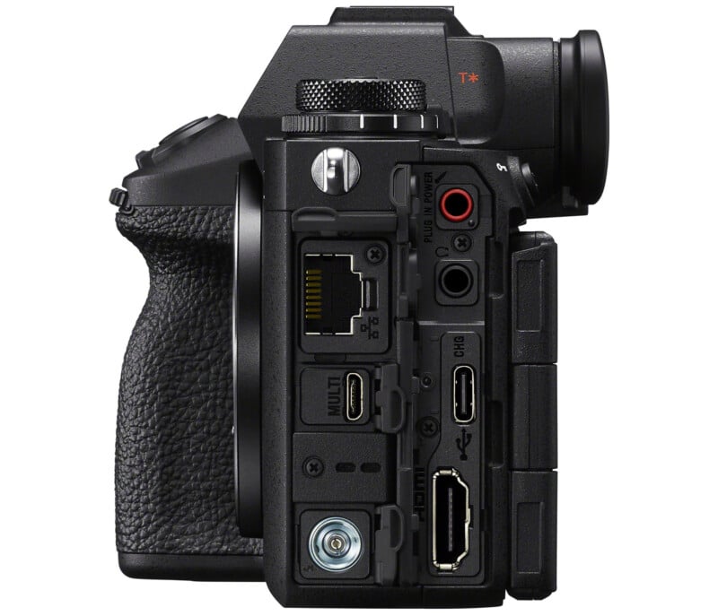 Side view of a black digital camera showing various ports and connectors, including Ethernet, HDMI, USB, and audio jacks. The textured grip and viewfinder are partially visible.