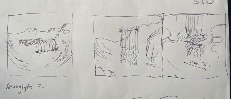 A hand-drawn sketch of three panels. The first shows a series of lines or glyphs, the second depicts vertical lines possibly indicating water or rain, and the third has wavy lines with an arrow labeled "scan TV." The label "Aeroglyphs 2" is noted below.