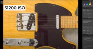 Close-up of an electric guitar with a wooden body and black pickguard. The image shows the guitar's bridge, pickups, and control knobs. The text "51200 ISO" is visible on the left side. Editing panel overlays are visible on the right.