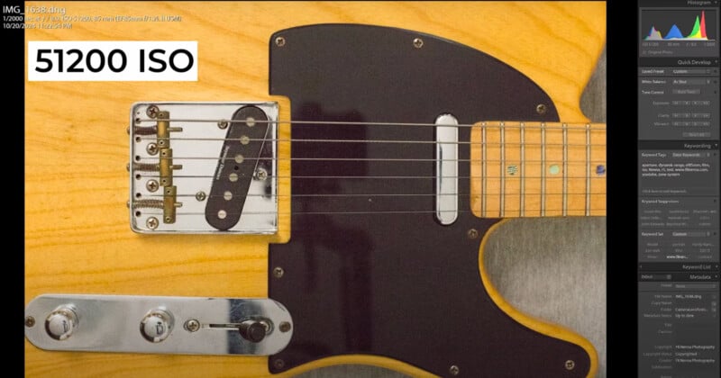 Close-up of an electric guitar with a wooden body and black pickguard. The image shows the guitar's bridge, pickups, and control knobs. The text "51200 ISO" is visible on the left side. Editing panel overlays are visible on the right.