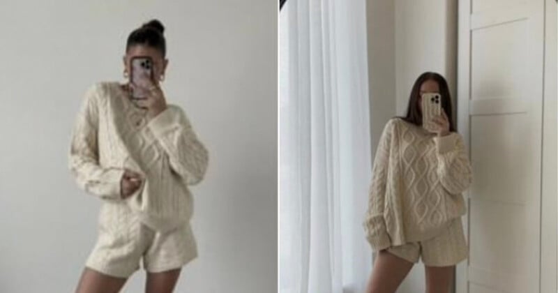 Two side-by-side images of a person taking a mirror selfie. The person wears a beige cable-knit sweater and matching shorts. The left image shows the person with hair in a bun, while the right image shows hair down. Both images have a neutral background.