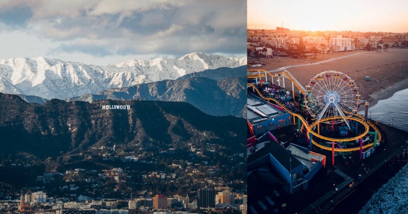 Une image divisée présente l'emblématique panneau Hollywood sur une montagne avec des sommets enneigés en arrière-plan à gauche. Sur la droite, une grande roue bien éclairée se trouve sur une jetée au bord du rivage au coucher du soleil.