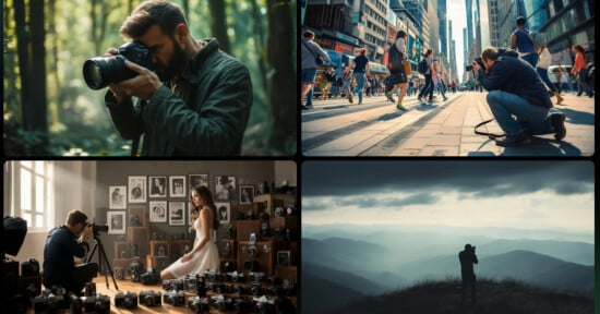 A collage of four photography scenes: a photographer in a forest, one capturing bustling city life, another shooting a woman in a room filled with cameras, and one photographing a misty mountain landscape.