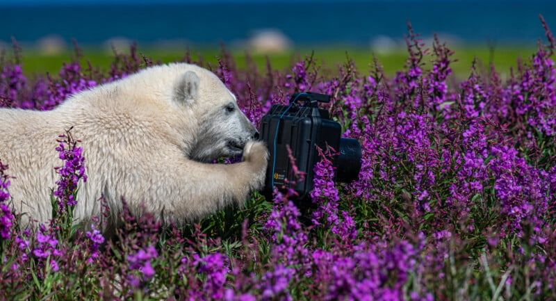 A polar bear cub playfully interacts with a camera perched on a tripod amid vibrant purple flowers. The backdrop includes a grassy area and a distant view of the sea under a clear blue sky.