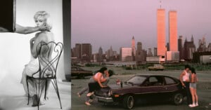 A split image features a black-and-white photo of a woman sitting on a heart-shaped metal chair, with her back to the camera. Beside it is a color photo of two people atop a car, with the Twin Towers and New York skyline in the background.