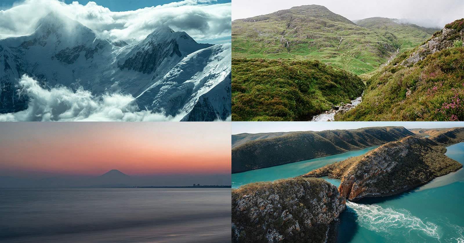 Four scenic landscapes: a snowy mountain range with clouds, a lush green hillside with a rocky path, a tranquil ocean view at sunset with a distant mountain, and turquoise waters winding through rugged cliffs.