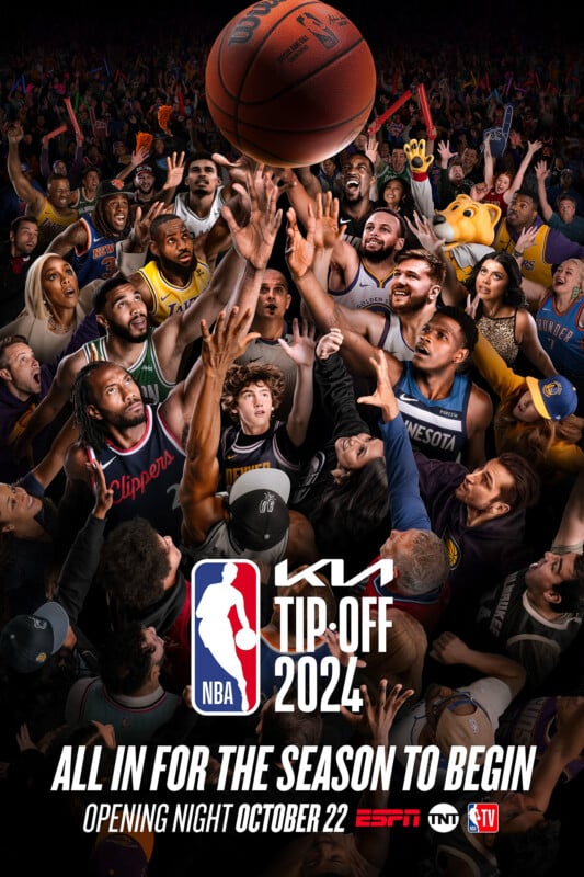 A dynamic NBA tip-off poster showing excited fans and players reaching for a basketball in mid-air. Logos for ESPN, TNT, and NBA TV are at the bottom, with text stating "All in for the season to begin, Opening Night October 22.