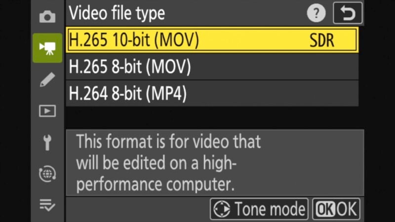 Camera display showing video file type options: H.265 10-bit (MOV) highlighted with SDR, H.265 8-bit (MOV), and H.264 8-bit (MP4). A message advises that the format is for editing on a high-performance computer. Tone mode button visible.