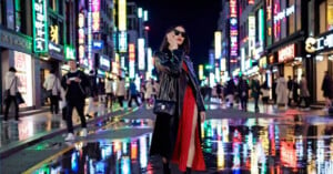 A woman wearing a black coat and sunglasses stands confidently in the middle of a bustling city street at night, surrounded by brightly lit neon signs. The wet pavement reflects the vibrant colors of the signs.