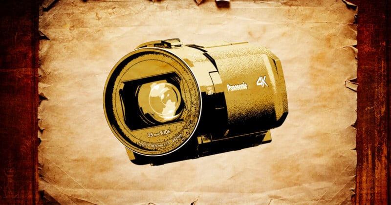 A vintage-style poster featuring a Panasonic 4K camera lens against a textured, aged paper background with brown border edges. The lens is prominently displayed, emphasizing its details and modern design.